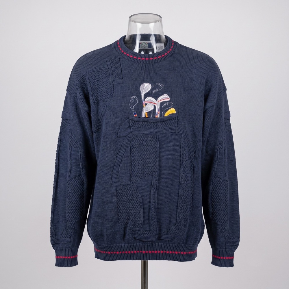 Sutter & Grant Mens Large Navy Blue Sweater Golf Embroidery Knit Vintage USA